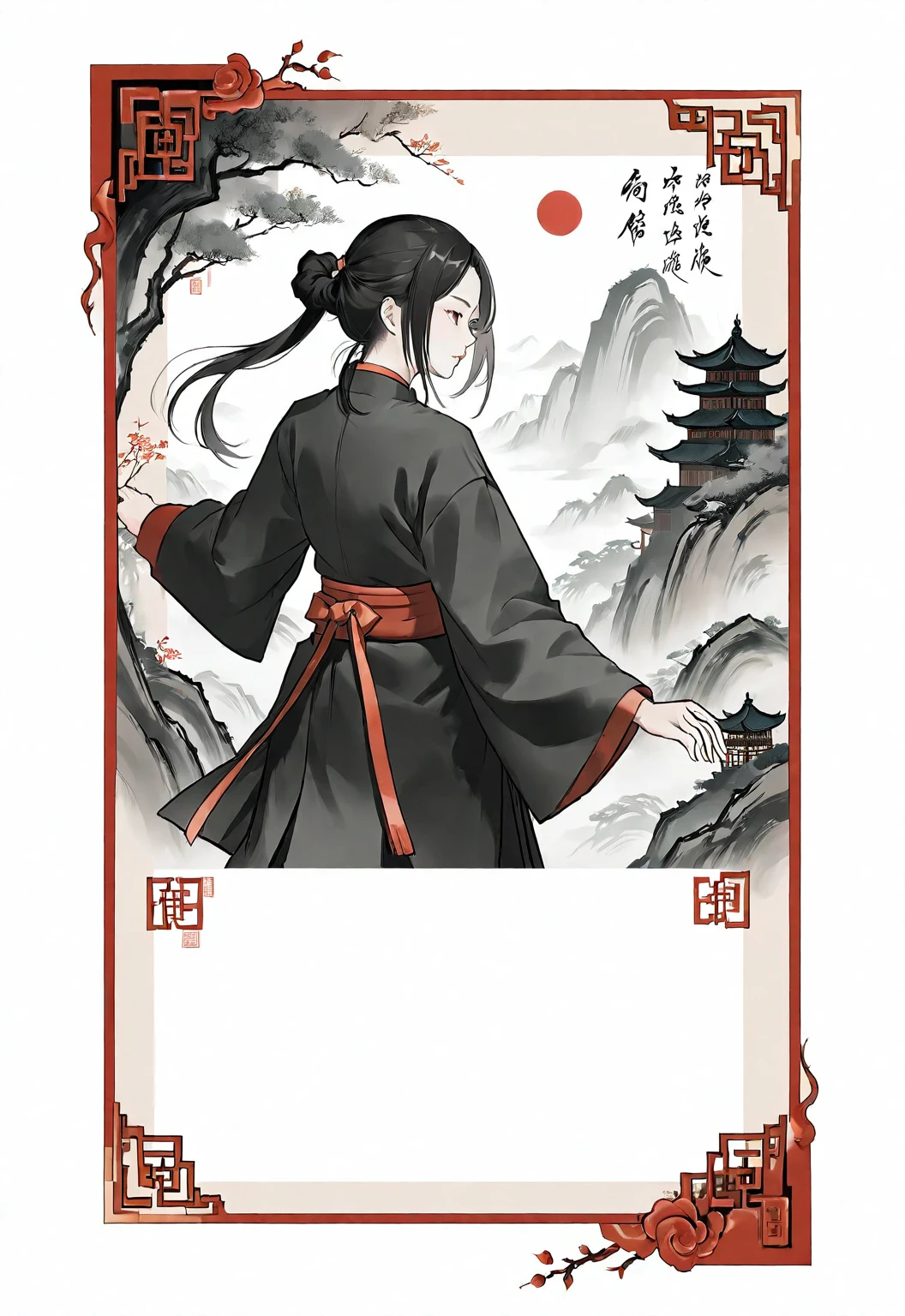 A card border UI,Chinese classical martial arts style,Ink painting style,Suspense style,Profile Style。There is a number "5" in the upper left corner of the card border.,Leave a square blank space in the middle,No characters,Freehand ink painting,Declaring a sense of paper。