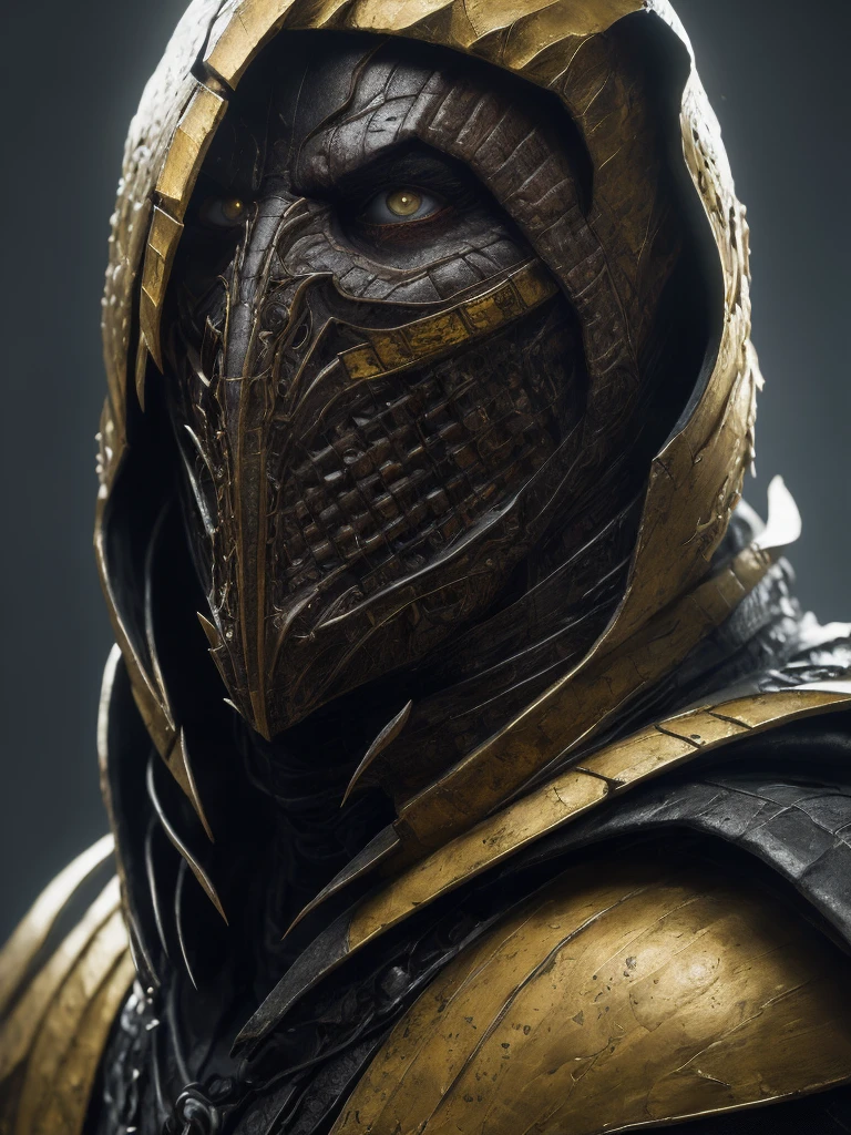a portrait, scorpion from mortal kombat, detailed white eyes, bladk anc yellow armor, hood, veins on his arm, Intricate, High Detail, Sharp focus, dramatic, photorealistic painting art by greg rutkowski