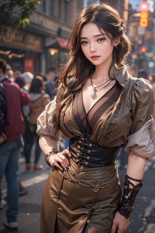 (masterpiece:1.3), (8K, Realistic, RAW Photos, Best image quality: 1.4), Japanese 、26 years old,(Random Hairstyles:1.2)、Cleavage:1.2、Highly detailed face、Attention to detail、double eyelid、Chest to chest、Sharp focus:1.2、Beautiful woman:1.4、Light brown hair、Highest quality、masterpiece、Ultra-high resolution、(Realistic:1.4)、Highly detailed and professionally lit smiles、Loose fitting steampunk outfit、Shoulder out、thin、Serious expression、Holding a gorgeous necklace in her right hand, In the city、Eat dinner