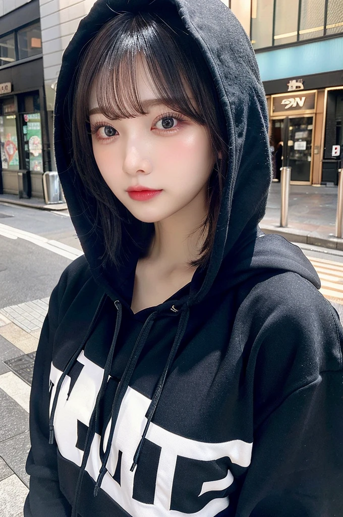 (NSFW,Black hoodie、Wearing a hood)、Bob Hair、(Big Tits、busty breasts 1.8)、Beauty、double eyelids、Tear bags、Big, round eyes、Long eyelashes)、highest quality、Harajuku Street