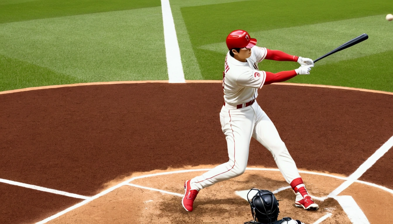 score 9, 1boy, Shohei Ohtani is hitting home runs, batting stance, detailed, realistic, hyper realistic, photorealistic, best quality, 