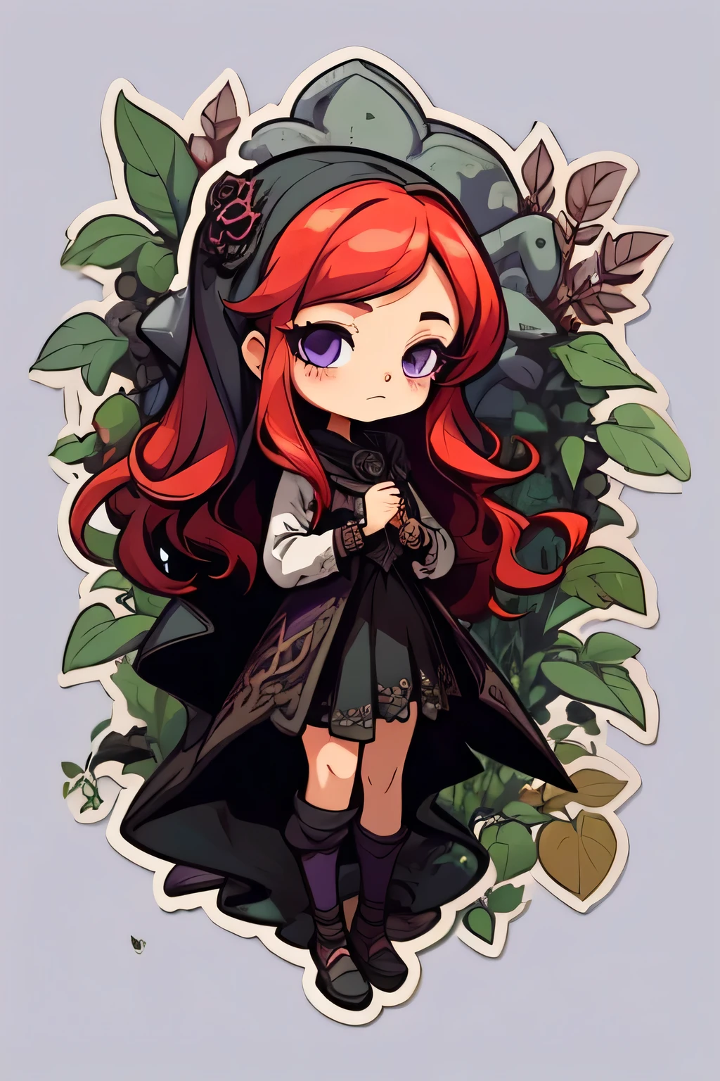 a sticker,girl with red hair, light black skin, purple colored eyes, long hair, plants, magie, drawing image, simple background, Cute cartoon, Gothic style, chibi style, highy detailed, highest quallity, high details, work of art, black leagwear
