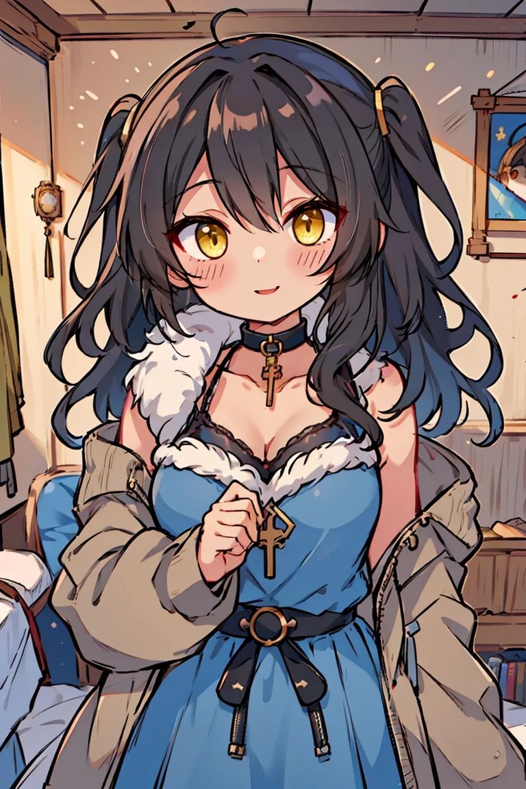 (masterpiece:1.2), (high quality:1.2), (hui xiyi:0.7), rekkyo sensen, rekkyou sensen, girls with((1girl, solo, black hair, yellow eyes, (wavy medium hair, one side up:1.55), blush, breasts, choker, cleavage, coat, cowboy shot, blue rose dress, navy dress, ribbon waist belt, collar, collarbone, rosary, rosary choker, cross, fur, khaki hoodie, green hoodie, hood down, hooded coat, hooded jacket, hoodie, jacket, large breasts, long hair, long sleeves, medium breasts, open clothes, open coat,open hoodie, sleeveless, winter clothes, zipper, cleavage, upper body, hand up, waving, palm)), background with((bedroom, room:2.0))
