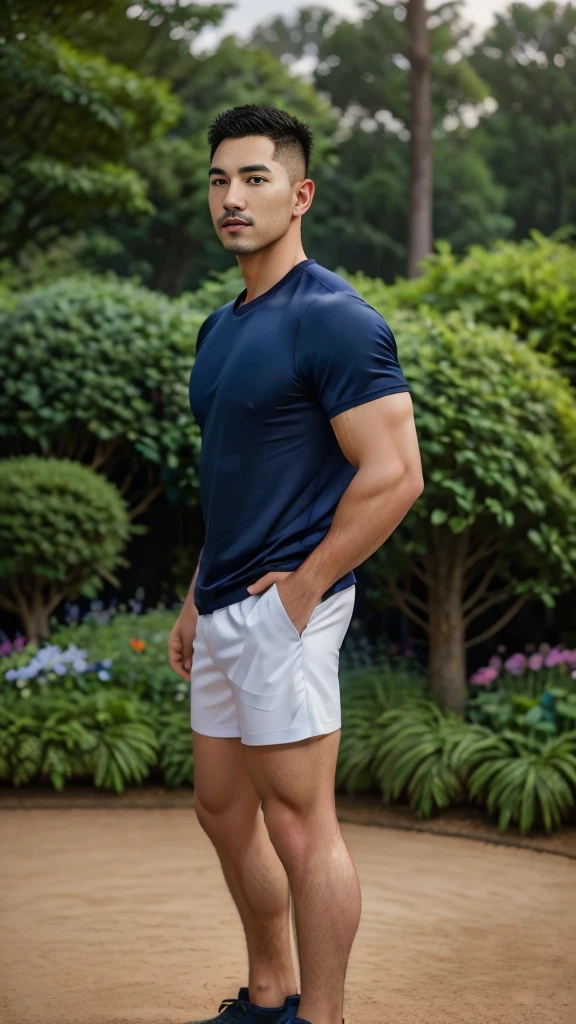 Masterpiece, best quality, high resolution, realistic, handsome, Take beautiful photos, Sayk, NRF, Photo of the 35 year old gym association (The man has a thin mustache.),Full body, Portrait, standing in the garden , make military media, weight, Amazing , Buzzcut short hair,stubble head , (Hyper Muscle),looking at the audience, Flirt with the camera, charming, (Tight navy blue workout shirt. ),(GS-Male:1), 8K,Bokeh,Portrait,look at the viewer,
