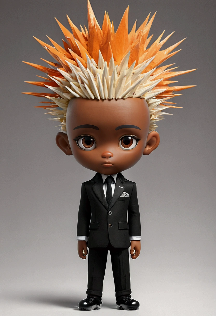 (masterpiece), (Very detailed),(body:1.9),One boy, cool, black, (Big Head:1.8), doll,, fashion, blackのコート, Spiky short hair, White Blonde Hair,orange, blackheaddress, (Beautiful and elaborate face), (Beautiful and detailed),