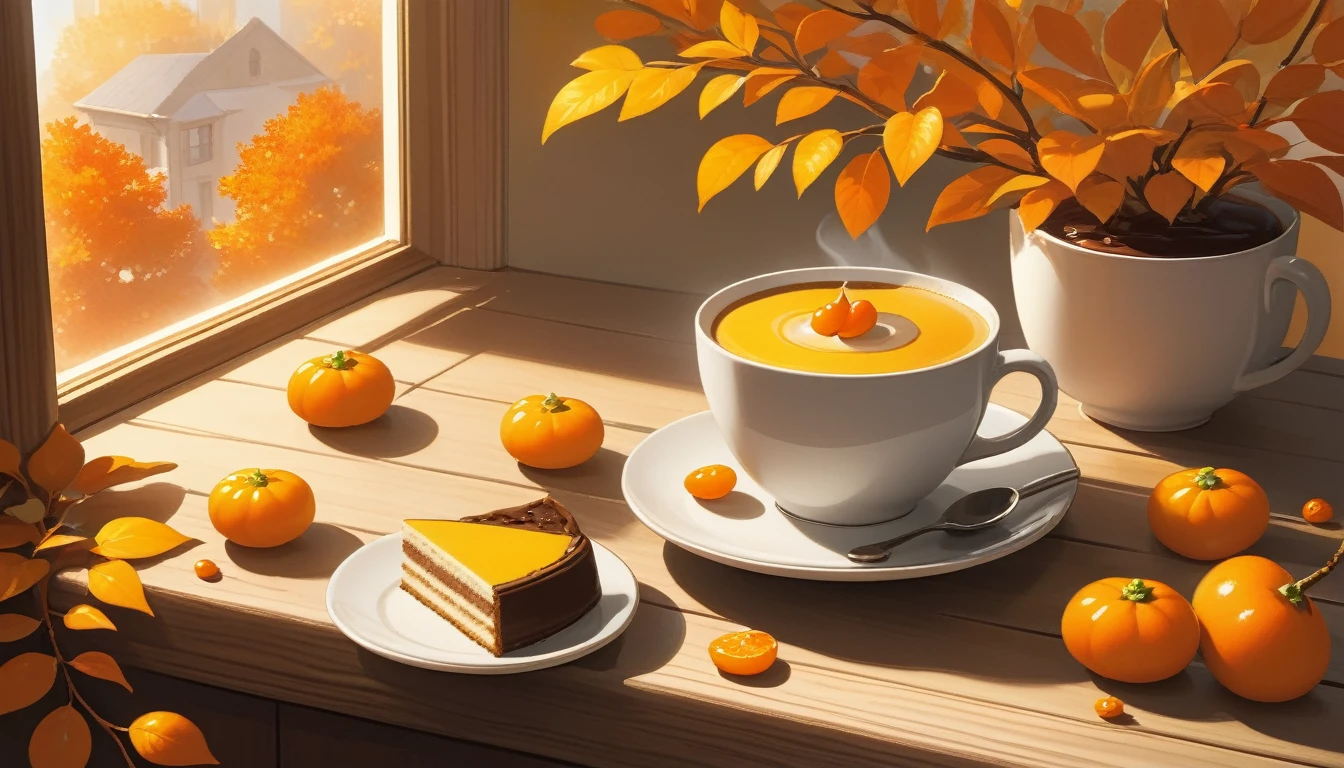 Create an image of a cozy autumn scene in the morning featuring a hot cup of coffee with slices of cake on a saucer, surrounded by bright orange leaves and tiny kumquats bathed in warm sunlight, all set against the backdrop of a wooden windowsill.