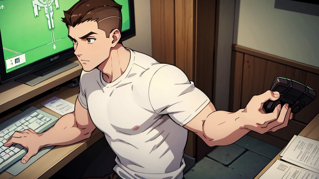 A white boy with greenish brown eyes playing video games, White shirt, slim and defined body, brown hair shaved on the sides, ultra HD, HD, high resolution