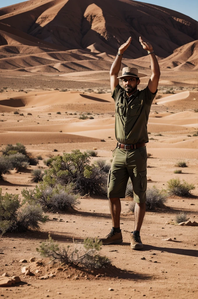 A man raised his hands up in the desert and stood with a stick