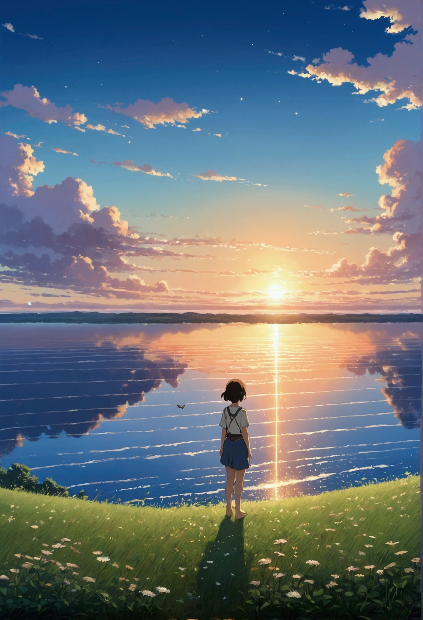 Makoto Shinkai Taste, Beautiful sky, Barefoot girl alone,Romantic Landscape, Healing scenes, Light pours in,hope, Makoto Shinkai Taste,Detailed Description, Sunset, A grand expanse,The sky sparkles like stars, Sublime, prayer,butterfly,