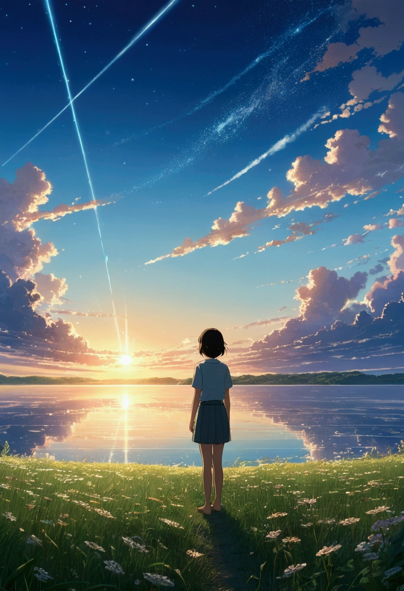 Makoto Shinkai Taste, Beautiful sky, Barefoot girl alone,Romantic Landscape, Healing scenes, Light pours in,hope, Makoto Shinkai Taste,Detailed Description, Sunset, A grand expanse,The sky sparkles like stars, Sublime, prayer,butterfly,