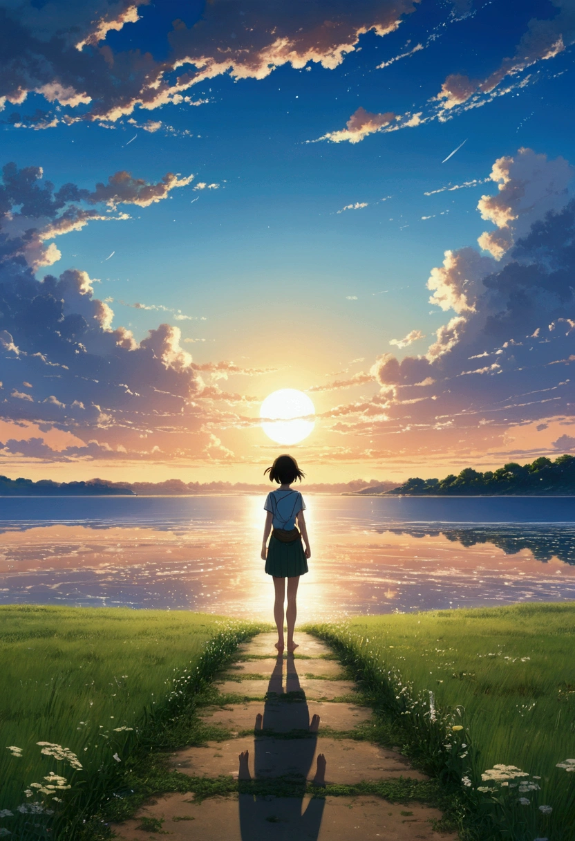 Makoto Shinkai Taste, Beautiful sky, Barefoot girl alone,Romantic Landscape, Healing scenes, Light pours in,hope, Makoto Shinkai Taste,Detailed Description, Sunset, A grand expanse,The sky sparkles like stars, Sublime, prayer,butterfly,