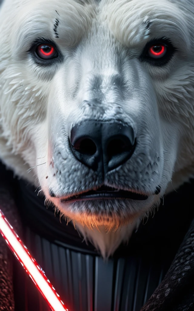 cinematic star wars, polar bear humanoid sith lord , beautiful detailed eyes, beautiful detailed lips, extremely detailed face and features, long eyelashes, intricate armor, glowing lightsaber, dramatic lighting, epic fantasy, muted color palette, cinematic composition, hyper realistic, 8k, high quality, masterpiece