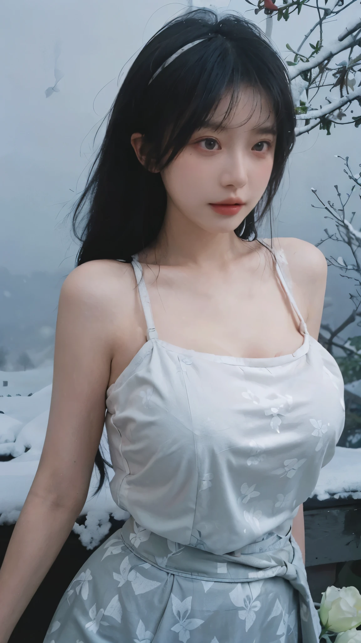 Portrait photography,1 girl,Snow Scene,Snowing background,One shoulder butterfly print dress for women in summer sexy hot girl slim waist hip skirt,Flowers,White,whole body:1.4,Lipstick,(Big Breasts:1.6),Headband,serene,calm,(Realistic and detailed eyes,Natural skin texture,Realistic facial details),