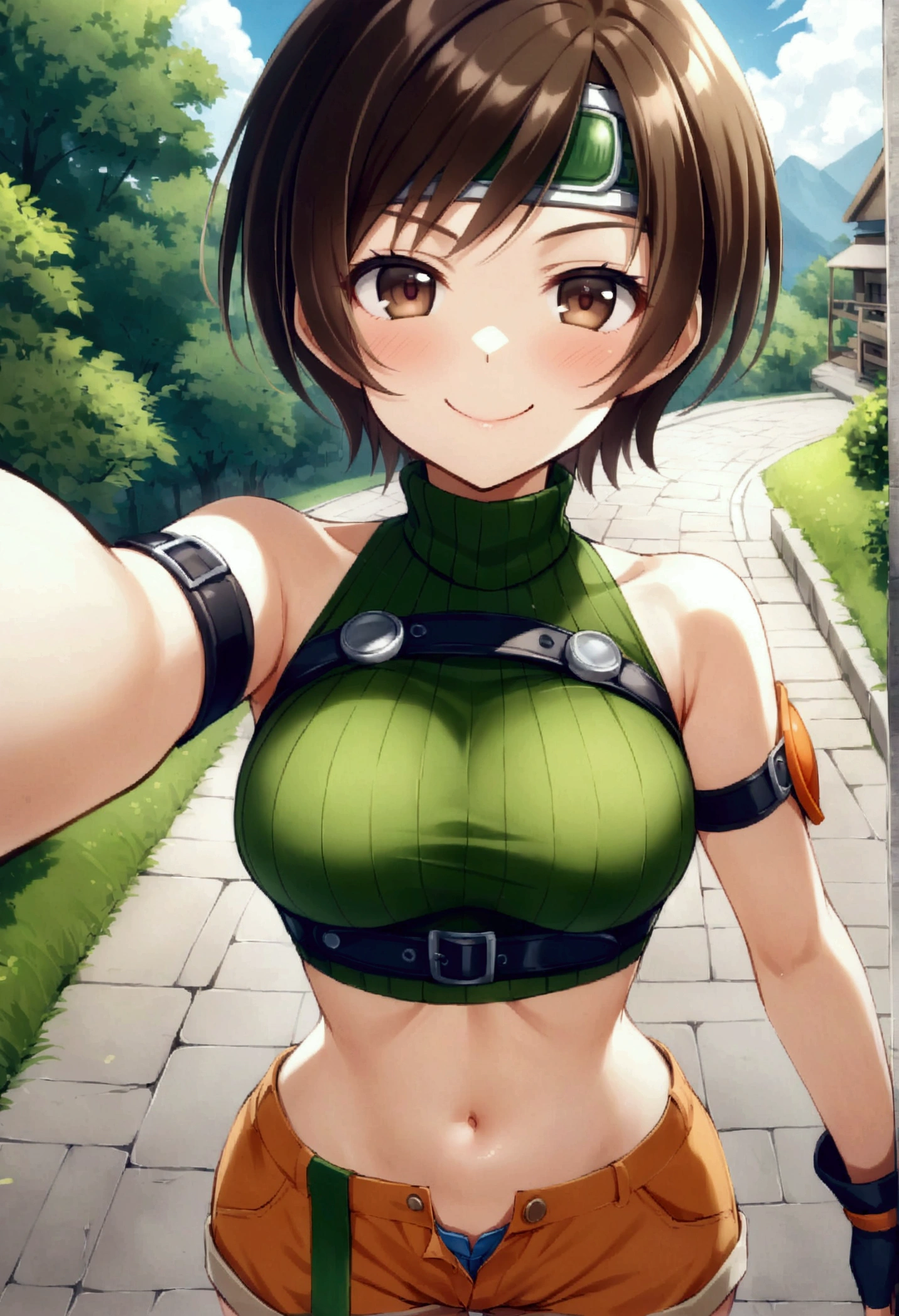 score_9, score_8_up, score_7_up,,BREAK ,source_anime ,from above,front view,front angle,,standing,upperbody,,straight-on,Solo,1girl, yuffie kisaragi, final fantasy,,short hair,headband,navel,sleeveless,turtleneck,brown eyes,sleeveless turtleneck,solo,breasts,looking at viewer,smile,gloves,crop top,brown hair,shorts,midriff,sweater,open fly,fingerless gloves,ribbed sweater,medium breasts,,slim waist ,smug,smile,selfie,,daytime,outdoor,,best quality,masterpeace,aesthetic,very aesthetic,