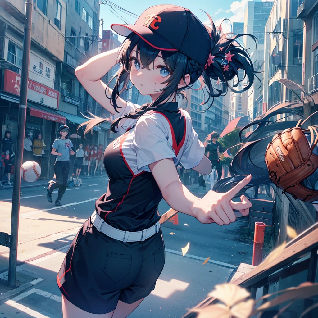 Highest quality、High resolution、Detailed Background、Beautiful Face、High detail、(Perfect Anatomy, Perfect Style)、(Detailed facial expressions)、(fine grain:1.2)、Teenage Beauty、(aerial view:1.2, wide shoot:1.3, whole body:1.3), One Girl、Cute black hair、Deep blue eyes、Braided Ponytail, Braided bob cut, Early morning baseball field, Only one hand is wearing a baseball glove、Amazing jump height:1.3, Floating in the air in a stretching position:1.3, Raise gloved hands high above head、Stretch to the limit、Baseball ball in glove:1.3, ((shoot from behind:1.3, avert your eyes:1.3)), (Baseball cap、T-Shirts、Shorts, socks、spike)、(Large Breasts:1.2, Pointed Chest:1.2, High chest:1.2), ((run away from viewer:1.2)), Running after a flying ball、