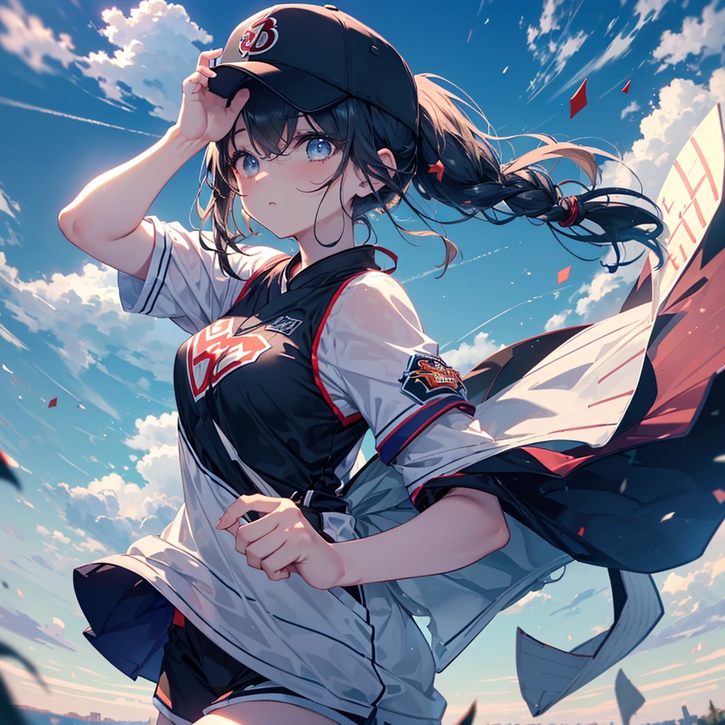 Highest quality、High resolution、Detailed Background、Beautiful Face、High detail、(Perfect Anatomy, Perfect Style)、(Detailed facial expressions)、(fine grain:1.2)、 Beauty、(aerial view:1.2, wide shoot:1.3, whole body:1.3), One Girl、Cute black hair、Deep blue eyes、Braided Ponytail, Braided bob cut, Early morning baseball field, Only one hand is wearing a baseball glove、Amazing jump height:1.3, Floating in the air in a stretching position:1.3, Raise gloved hands high above head、Stretch to the limit、Baseball ball in glove:1.3, ((shoot from behind:1.3, avert your eyes:1.3)), (Baseball cap、T-Shirts、Shorts, socks、spike)、(Large Breasts:1.2, Pointed Chest:1.2, High chest:1.2), ((run away from viewer:1.2)), Running after a flying ball、
