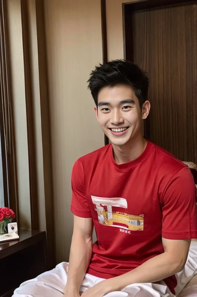 Korean man, Inspiration from Peng Yuyan, 23 years old, Korean muscular man ,Bedroom in a luxury hotel, behind a red T-shirt., open mouth smile