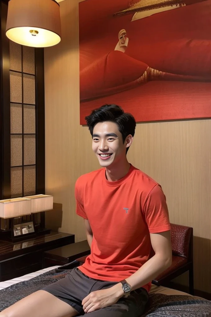 Korean man, Inspiration from Peng Yuyan, 23 years old, Korean muscular man ,Bedroom in a luxury hotel, behind a red T-shirt., open mouth smile