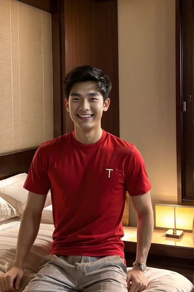 Korean man, Inspiration from Peng Yuyan, 23 years old, Korean muscular man ,Bedroom in a luxury hotel, behind a red T-shirt., open mouth smile