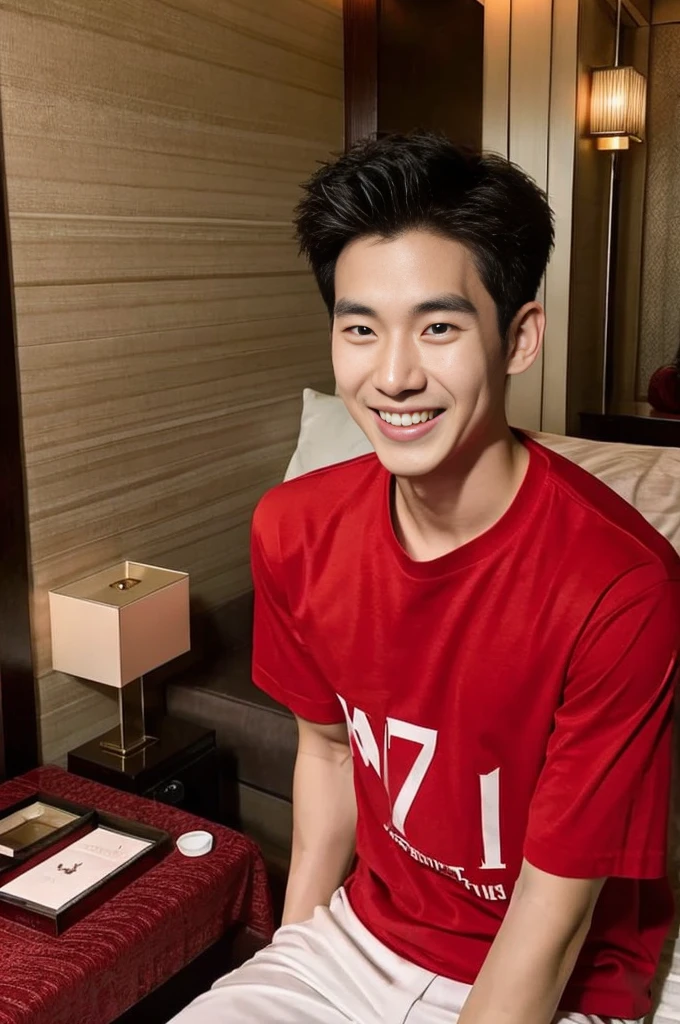 Korean man, Inspiration from Peng Yuyan, 23 years old, Korean muscular man ，Bedroom in a luxury hotel, behind a red T-shirt., open mouth smile