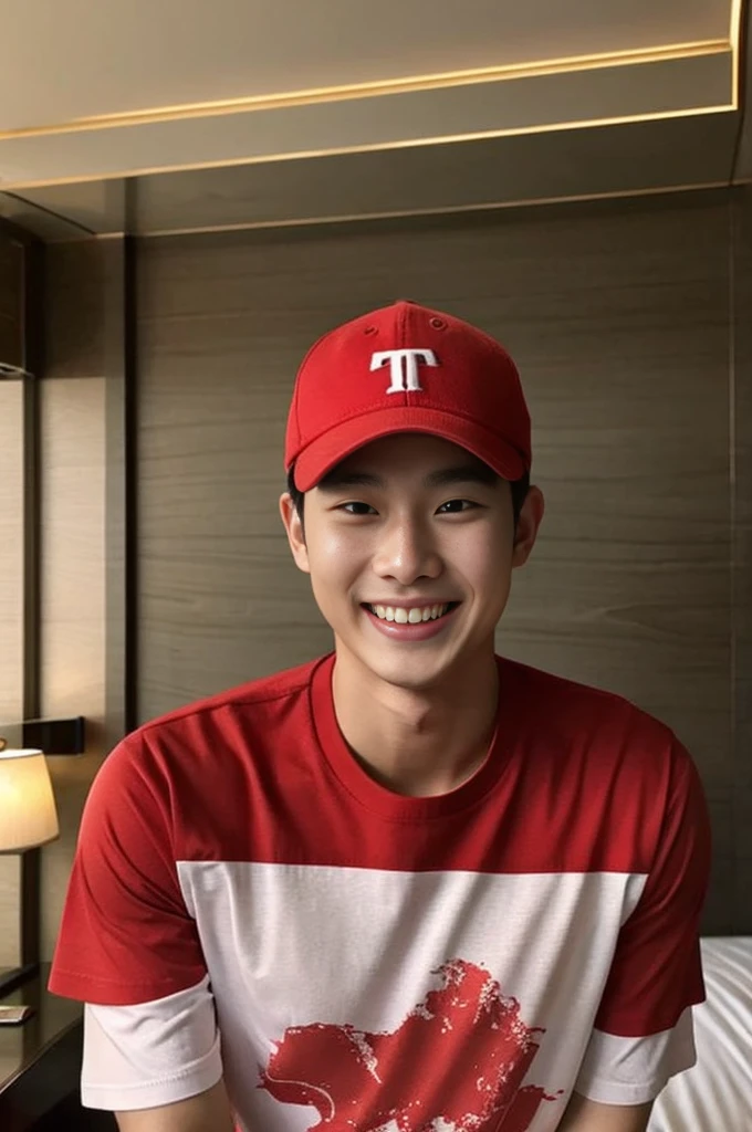 Korean man, Inspiration from Peng Yuyan, 23 years old, Korean muscular man ,Bedroom in a luxury hotel, behind a red T-shirt., open mouth smile
