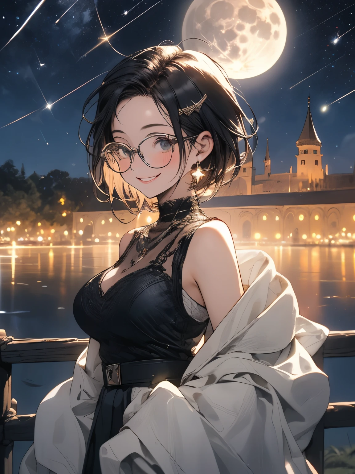 Highest quality, Highest Resolution, Super detailed,１People Girls, Inside the palace,Big Breasts, Rural landscape,A starry sky,full moon,Short Hair,Glasses,smile,Exciting