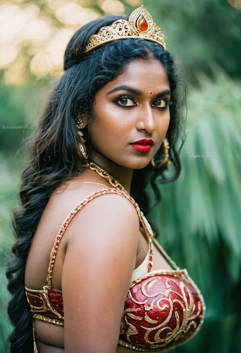 (((photo of a ancient kerala crowned temple goddess ))), (((black kali))) , (((Half Body))), (((very dark skin))), (((age 18+))), (((plus size chubby tall))), (((huge busty milky wet big massive boobs))), (((nude thick thigh))), (((ancient black mini skirt))), ((black skin dark body)), (((red ornaments))), (((depth of field))), ((( flame bokeh))), (((rain))), ((( flashing light leaks))), (((divine))), photorealistic,photo, realism, Getty Images, RAW candid cinema, 16mm, colour graded portra 400 film, remarkable colour, ultra realistic, textured skin, remarkable detailed pupils, realistic dull skin noise, visible skin detail, skin fuzz, dry skin, shot with cinematic,light leaks, RAW Image, DOF, depth of field,bokeh,mylocalgirl