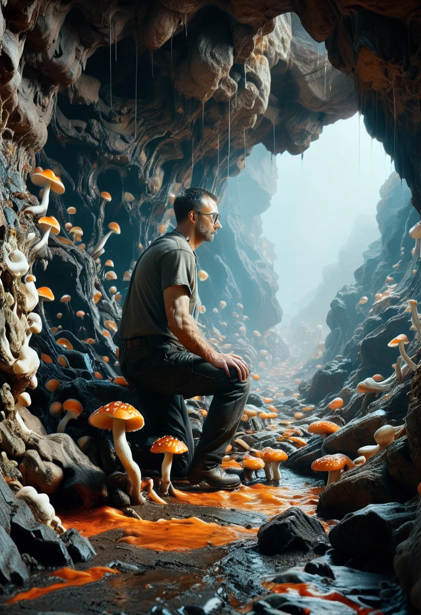 Portrait of a man, looking beyond camera, (spacious rocky cavern background:1.1), faintly glowing mushrooms on ground and walls, biopunk, biomechanical, augmentations, goopy, visceral, (dark room:1.2), (hazy air:1.2), dim glow from below, ultra realistic