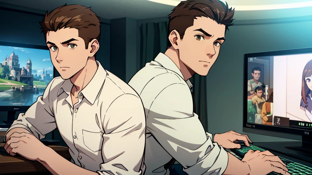 A white boy with greenish brown eyes playing video games, White shirt, brown hair shaved on the sides, ultra HD, HD, high resolution