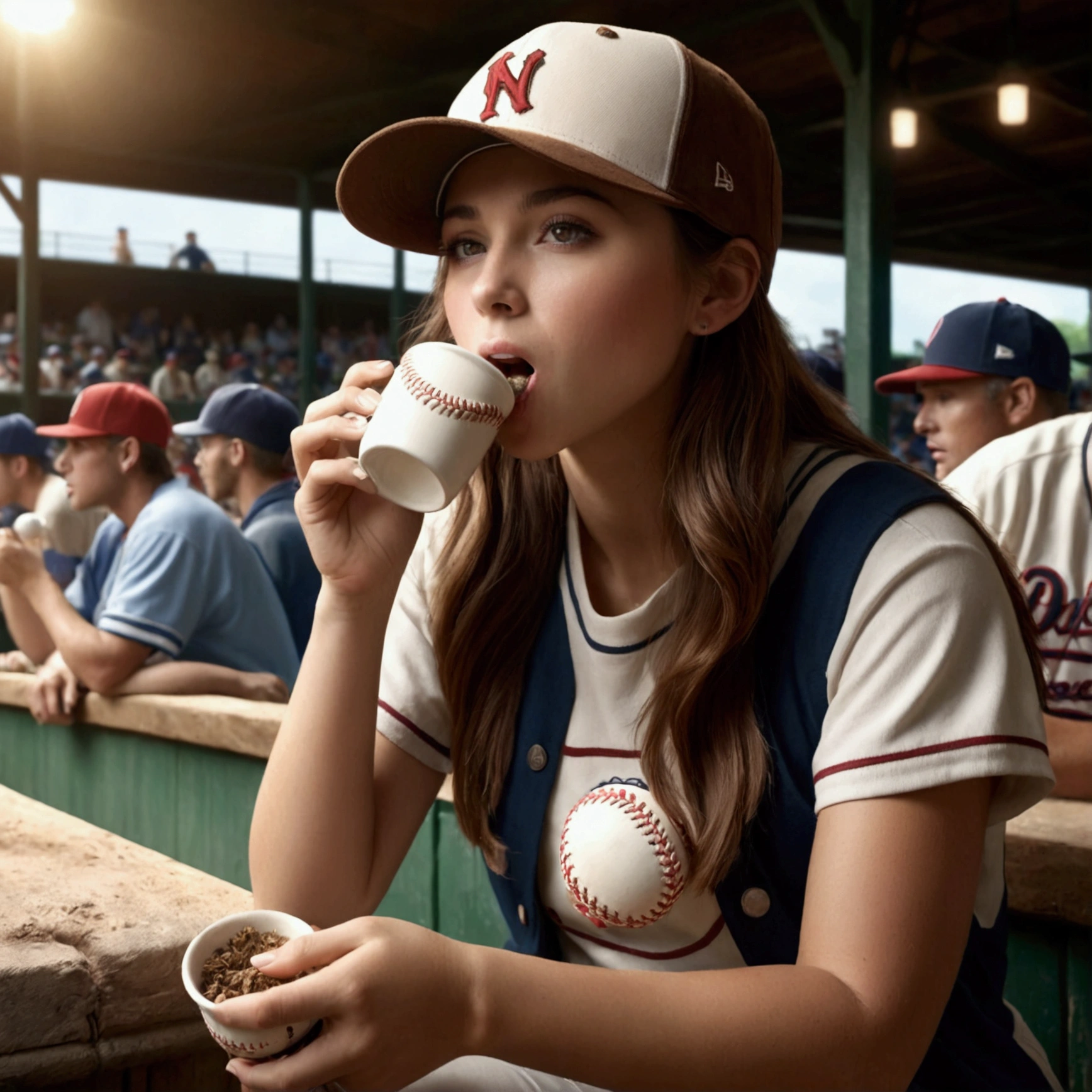 a young woman with brown hair wearing a baseball cap, chewing tobacco, sitting in a crowded baseball dugout spitting into a cup, baseball game in the background, realistic, highly detailed, photorealistic, 8k, best quality, masterpiece, dramatic lighting, cinematic