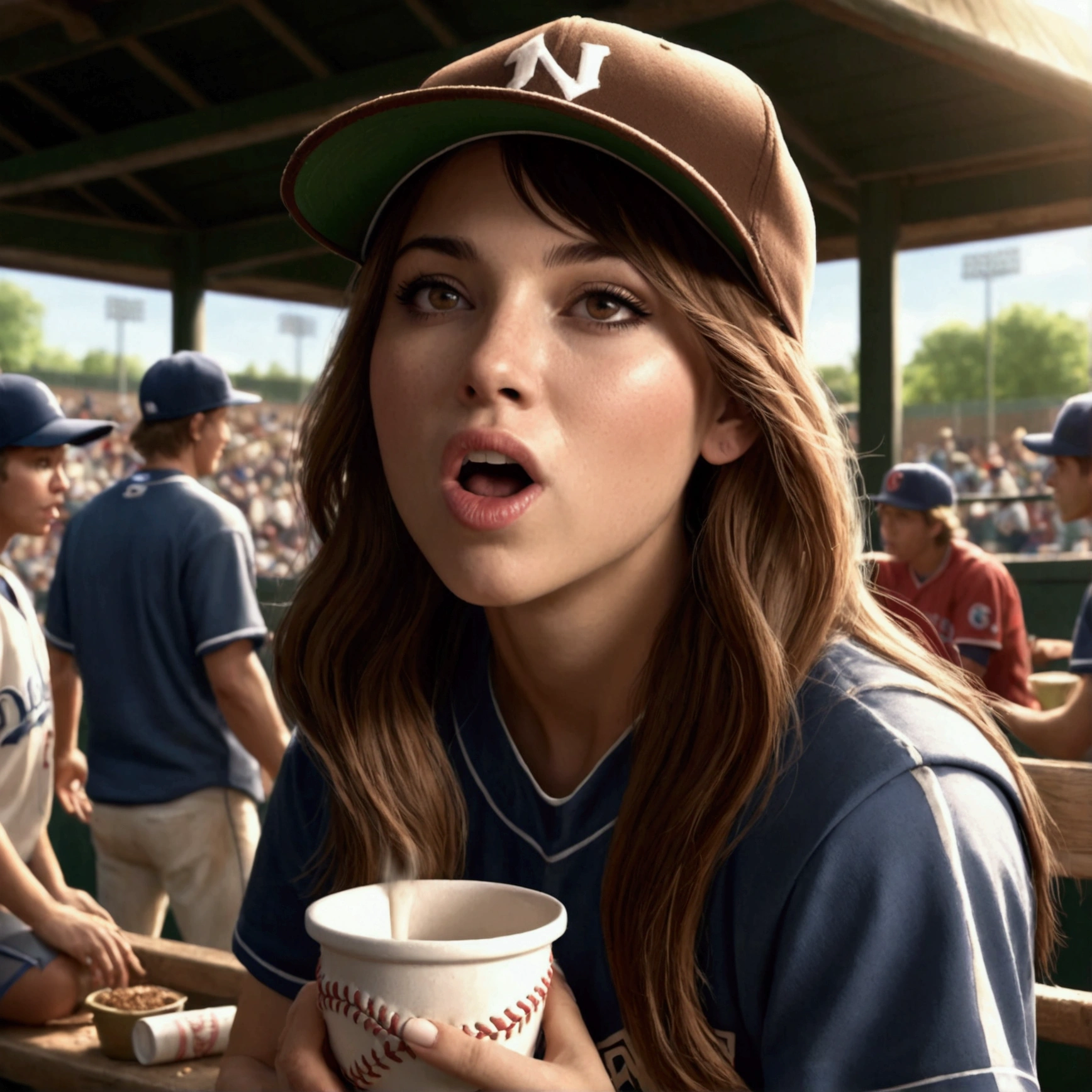 a young woman with brown hair wearing a baseball cap, chewing tobacco, sitting in a crowded baseball dugout spitting into a cup, baseball game in the background, realistic, highly detailed, photorealistic, 8k, best quality, masterpiece, dramatic lighting, cinematic