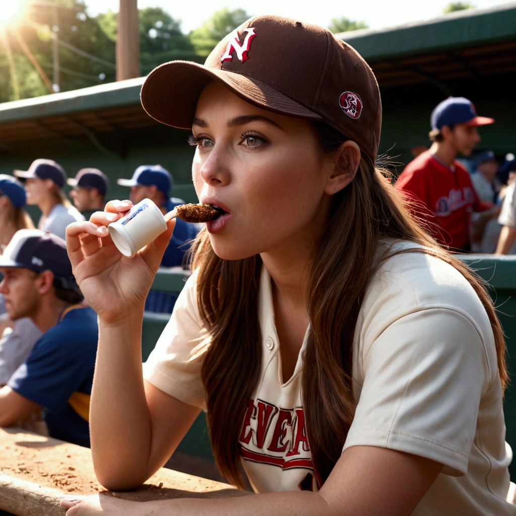 a young woman with brown hair wearing a baseball cap, chewing tobacco, sitting in a crowded baseball dugout spitting into a cup, baseball game in the background, realistic, highly detailed, photorealistic, 8k, best quality, masterpiece, dramatic lighting, cinematic
