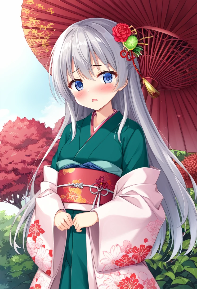 Japanese Girl、Edo Period、Illustration、anime、(kimono、Hana Katsumi、A vivid combination of vermilion and maroon、The obi is dark green with silver thread embroidery of a hail pattern.)(A peach-colored topknot with a red coral ball hairpin)、17Year old girl、Embarrassing、Downcast eyes、Pale pastel paintings