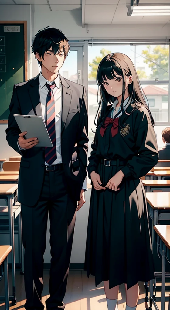 Couple of men and women in high 、Classroom、Men and women with height difference