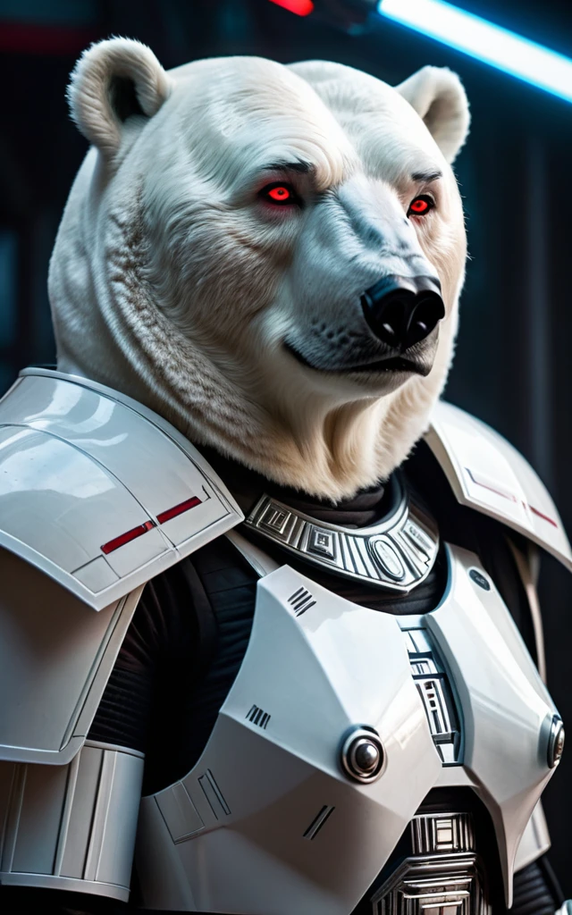 cinematic star wars, full body shot polar bear humanoid sith lord , beautiful detailed eyes, beautiful detailed lips, extremely detailed face and features, long eyelashes, intricate armor, glowing lightsaber, dramatic lighting, epic fantasy, muted color palette, cinematic composition, hyper realistic, 8k, high quality, masterpiece