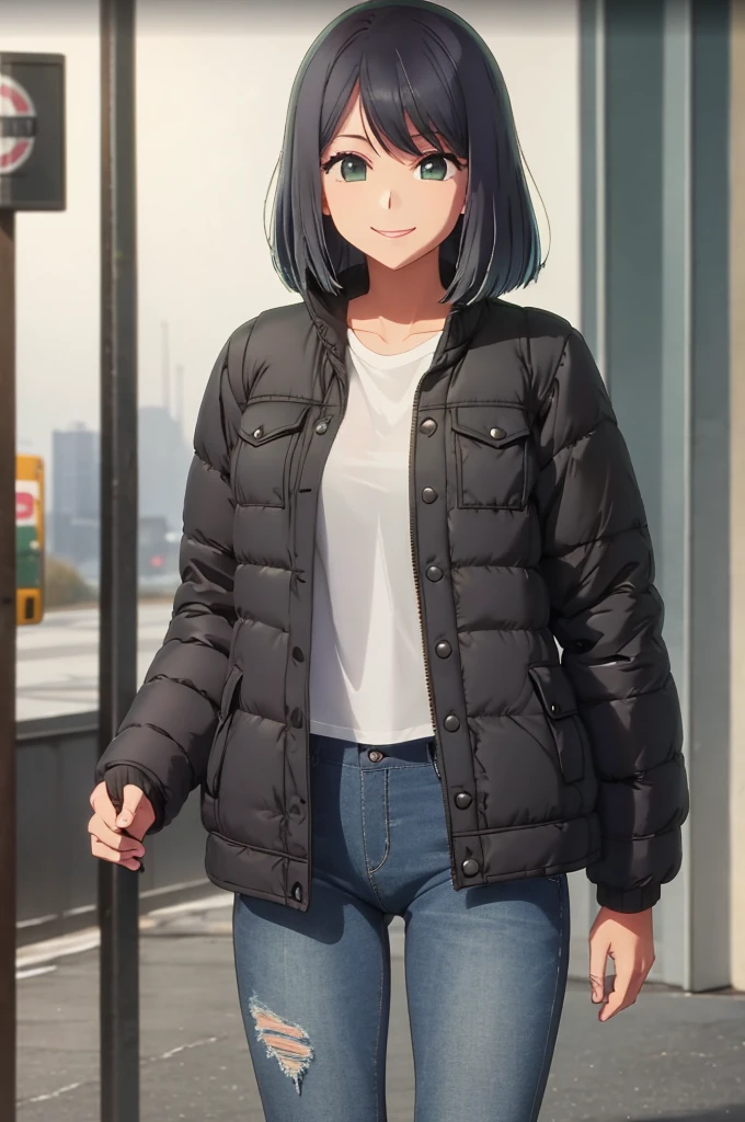 girl, jeans, black puffer jacket, foggy, street, smile