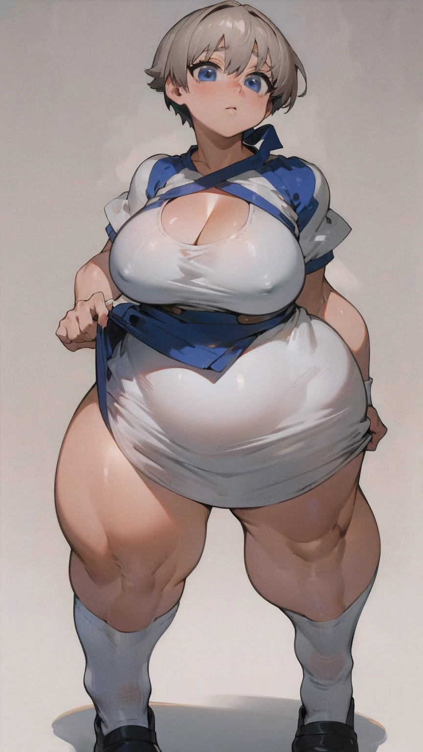 masterpiece, best quality, ultra-detailed, Potrait of beautiful , (chubby) (muscular), (plump), (sexly), (cleavage), ((tomboy)), (アニメ), (Breasts), (Plump), ((very short hair)), ((Uzaki Hana)), (overweight), (Gray Hair) (Wearing white clothes), ((Saggy breasts)), (blue eyes), (Short Hair), (blue eyes), ((thick)), (sleeves are blue), (Short sleeve), (fullbody), (cleavage)