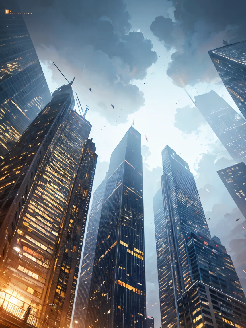 Angle from below, Night view of skyscrapers, (Ultra-high resolution,8K),Fantasy, The world of picture books, (Highest quality), Super detailed, Outstanding Image, (Photorealistic), The fog rolls in
