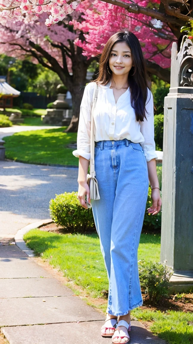 A full-body portrait of a Japanese woman. She has long, straight black hair and fair skin. She is dressed in modern, casual clothing: a light-colored blouse and a pair of jeans. She is standing gracefully in a serene Japanese garden, surrounded by cherry blossom trees in full bloom. The background includes a small pond with koi fish and a traditional stone lantern. The woman has a gentle smile, with a soft and calm expression. Her posture is relaxed, with one hand holding a delicate fan and the other resting by her side."
