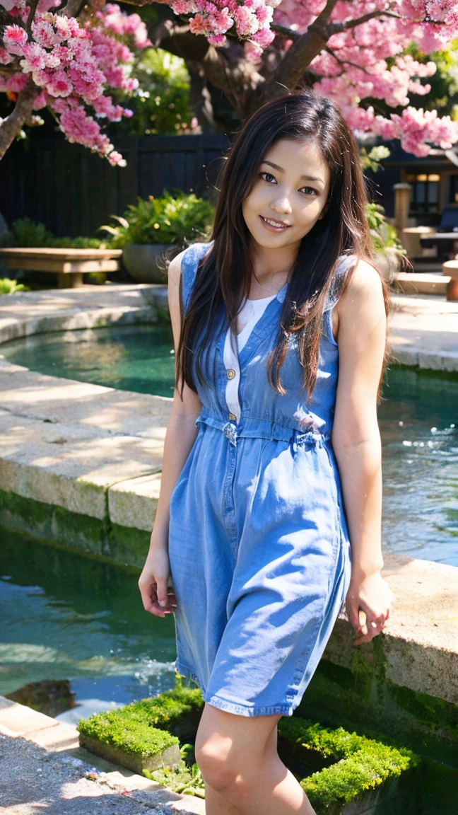 A full-body portrait of a Japanese woman. She has long, straight black hair and fair skin. She is dressed in modern, casual clothing: a light-colored blouse and a pair of jeans. She is standing gracefully in a serene Japanese garden, surrounded by cherry blossom trees in full bloom. The background includes a small pond with koi fish and a traditional stone lantern. The woman has a gentle smile, with a soft and calm expression. Her posture is relaxed, with one hand holding a delicate fan and the other resting by her side."