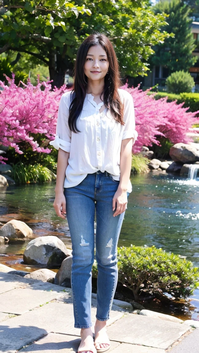 A full-body portrait of a Japanese woman. She has long, straight black hair and fair skin. She is dressed in modern, casual clothing: a light-colored blouse and a pair of jeans. She is standing gracefully in a serene Japanese garden, surrounded by cherry blossom trees in full bloom. The background includes a small pond with koi fish and a traditional stone lantern. The woman has a gentle smile, with a soft and calm expression. Her posture is relaxed, with one hand holding a delicate fan and the other resting by her side."