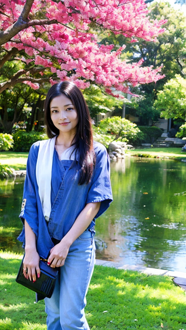 A full-body portrait of a Japanese woman. She has long, straight black hair and fair skin. She is dressed in modern, casual clothing: a light-colored blouse and a pair of jeans. She is standing gracefully in a serene Japanese garden, surrounded by cherry blossom trees in full bloom. The background includes a small pond with koi fish and a traditional stone lantern. The woman has a gentle smile, with a soft and calm expression. Her posture is relaxed, with one hand holding a delicate fan and the other resting by her side."