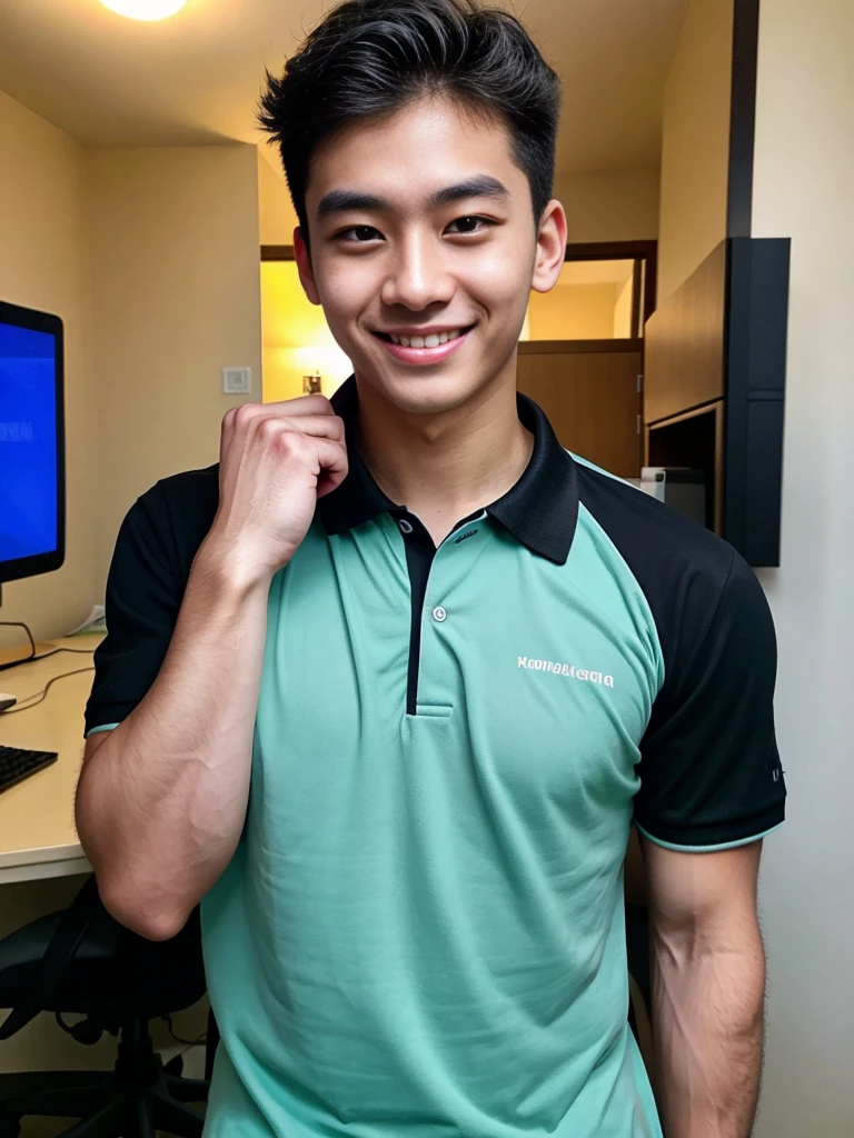 (best quality, 4K, 8K, high resolution, Masterpiece: 1.2), Special details, (realistically, As realistic as a photo, photo realistic: 1.37), Edge lighting, Extra detailed coloring, sharp focus, Physical rendering ,Extremely detailed description,professional,light color,Bokeh,Portrait,look at the viewer,
Young Asian man, 20 years old ,(Wearing a black polo shirt.), smile ,Computer room