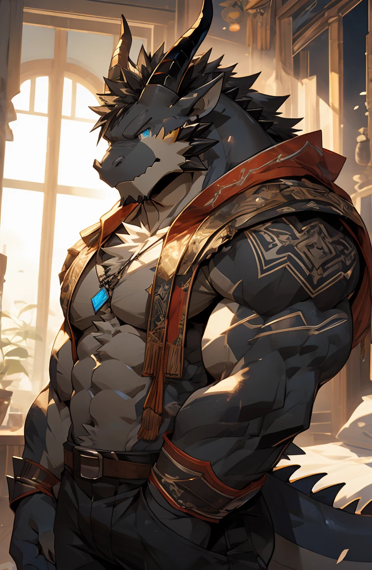 (by sollyz),dragon,white and black body,detail face, detail eyes, detail,male,(naked),pants,furry, short hair,(mercenary),(belly:0.8)
,blue eyes,black body,black hair,handsome,simple white background,,bed,
strong,epic,
