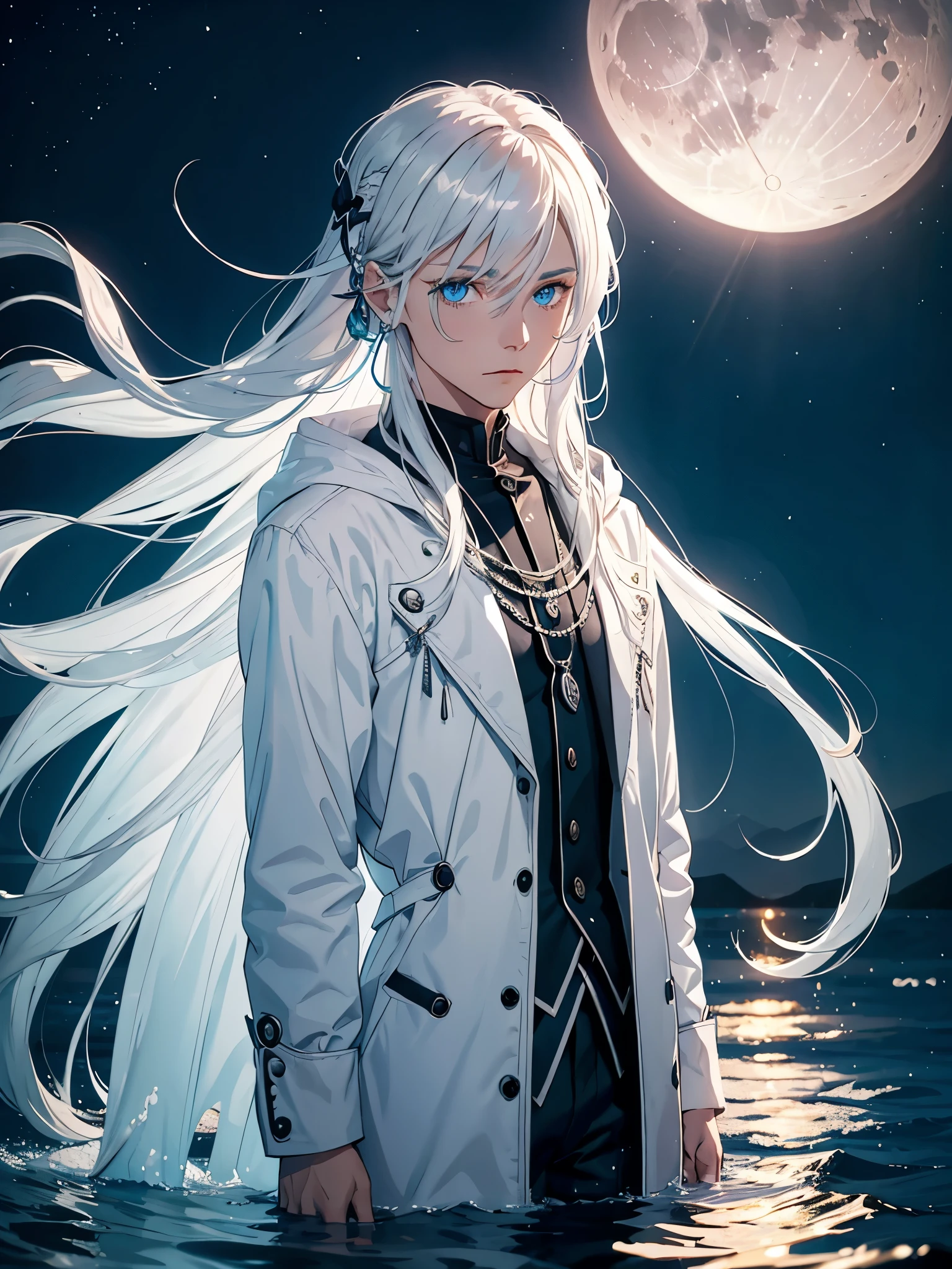 Moderne Jacke. Boy. Mann. Flach. Long hair. long white hair. aquatic, boy, Goddess of the Moon, silver hair accessories, White hair, White dress, cape, at night, saturated colors, light eyes, bright, light blue light, blue eyes, Jewelry silver, bluish light, Full moon in the background, aquatic in der Luft rosa kerzen