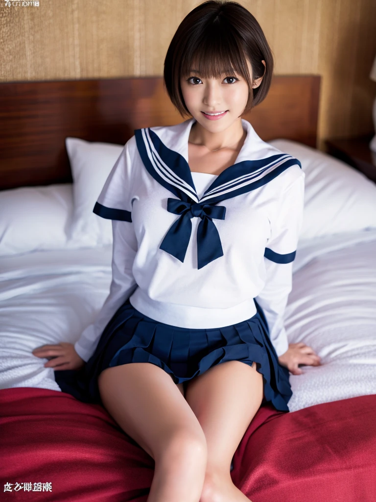 (Super reality:1.2), (digital art, digital illustration, 4k, 8k, Super detailed, beautiful images, clear image, (realistic), (RAW photo:1.3), perfect face, perfect lines, perfect eyes, Accurate body shape, dark lighting) , 1 Japanese cute girl after school, solo, school uniform, (sailor suit, serafuku:1.3), (short cut hair style:1.3), Beautiful face, amateur girl, sexy gyaru:1.3, ((showing panties)), so japanese young Idol, full chest, slim body style, (Inside the hotel, American size bed room, Antique furniture), Precise arms, precise hands and fingers, Beautiful hands and fingers, small smile, Beautiful thighs, (cowgirl position, open legs, on bed), sexy pose, POV