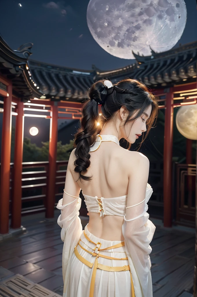 (((best quality))),(((ultra detailed))),(((masterpiece))),illustration,((1 beautiful girl,solo)),(short ponytail:1.2),((bright eyes,gentle smile)),((slim,thin)),((strapless,shoulder off,bare back,towering hips,butt crack)),(white see through sheer Hanfu:1.3),flowing fabric,serene demeanor,vibrant plants and trees,(Chinese-style architecture:1.3),tile roofs,intricate wooden carvings,rich and vivid colors,(serene glow of the moon:1.5),(((colorful clouds))),traditional Chinese garment,(((summer night,village courtyard))),((standing)),(from back:1.3),(upper body:1.3)