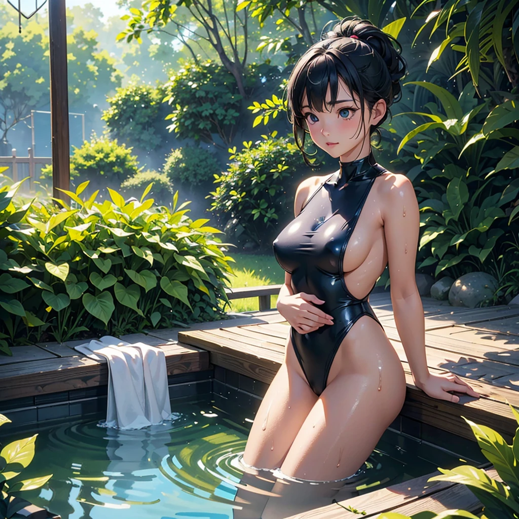 NSFW, sexy, erotic, Create an exceptionally detailed and richly depicted cute anthropomorphized girl representing the essence of summer, illustrated in a high-quality anime style. A young woman cleaning the poolside with a deck brush under the scorching sun, wearing a swimsuit that is practical for the task, diligently scrubbing the poolside with water splashing around her, the scene depicted with highly detailed and realistic textures capturing the reflections of sunlight on the water and her wet skin, set against a backdrop of a clear blue sky and lush green trees, the vibrant atmosphere of summer clearly conveyed through the realistic anime style, with careful attention to proportions, precise textures, realistic lighting and shading, ensuring there is no blurriness or distortion, and maintaining correct perspective and natural movement, enhanced by photorealistic, highly detailed, realistic lighting, accurate proportions, precise textures, realistic 3D, 3D rendering, sharp focus, and dramatic lighting tags --max --rt--max --rt --high_quality --ultra_detail --intricate_design --extremely_detailed --hyper_realistic