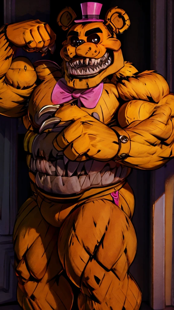 Overly muscular Nightmare Fredbear flexing his muscles wearing a thong 