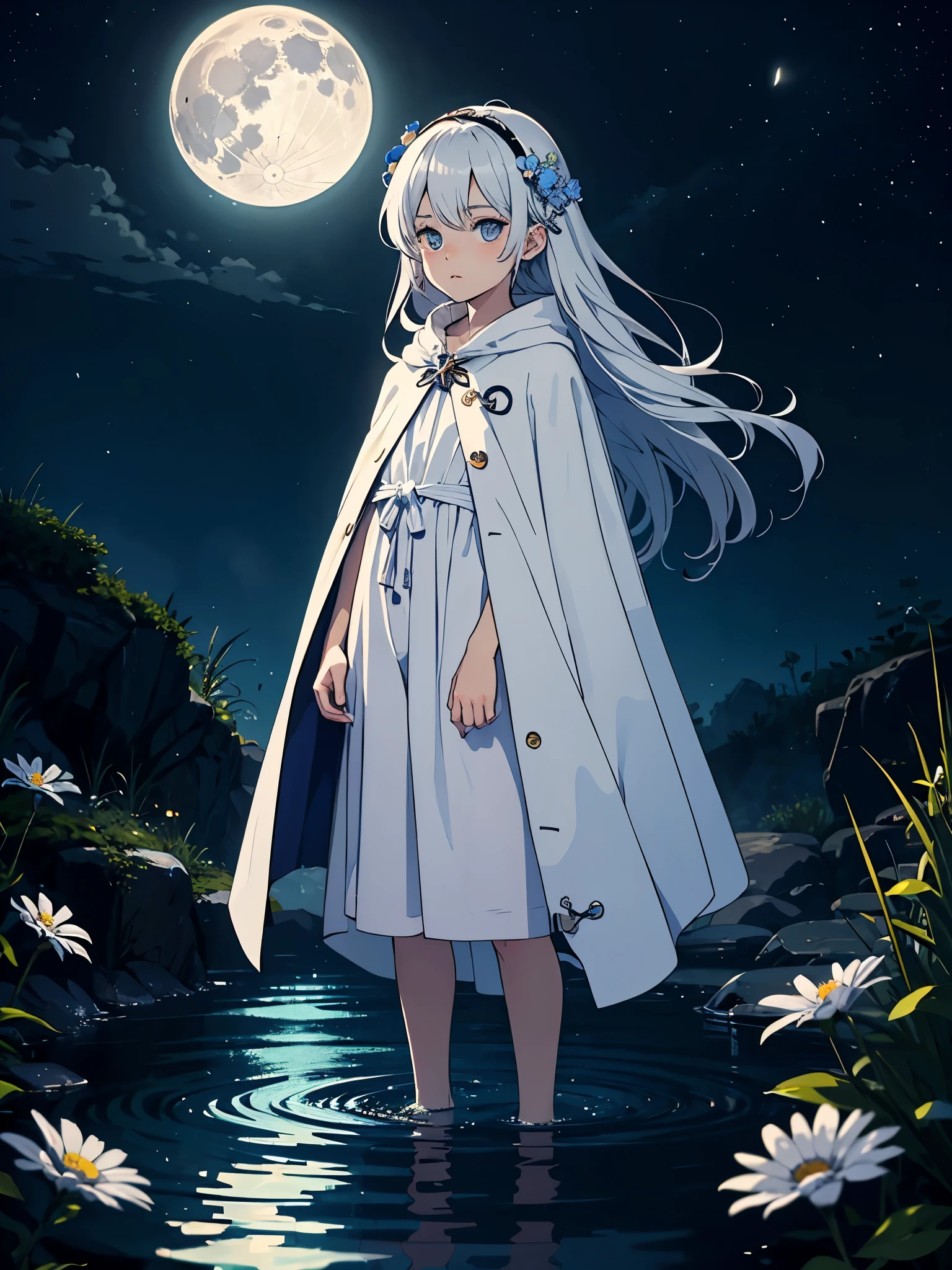 Moderne Jacke. kid. cutie pie. Younger. More anime. male. Light Blue flowers. Long hair. long white hair. aquatic, boy, God of the Moon, silver hair accessories, White hair, White dress, cape, at night.